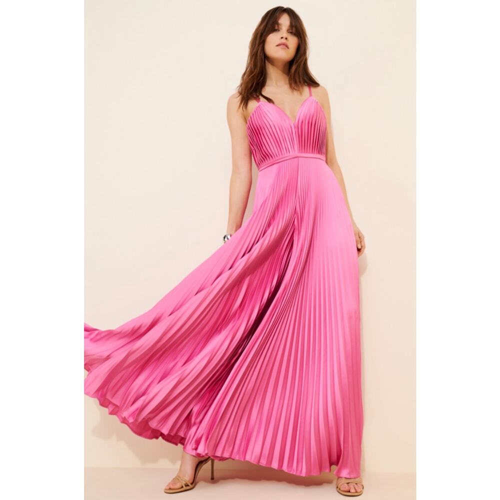 Ieena for Mac Duggal Pleated Plunge Neck Wide Leg Jumpsuit in Pink